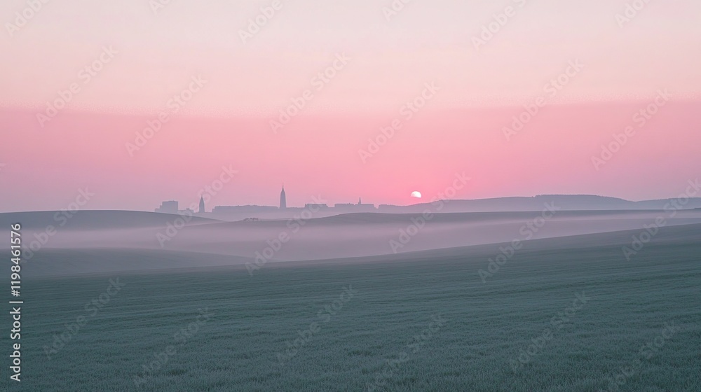 Pink sunrise over misty fields and distant town. Pink sunrise over misty fields and distant town.