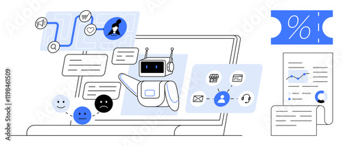 AI chatbot interacting with users on a laptop, analyzing data with charts and graphs, different user emotions. Ideal for customer service, tech support, AI, data analysis, user experience