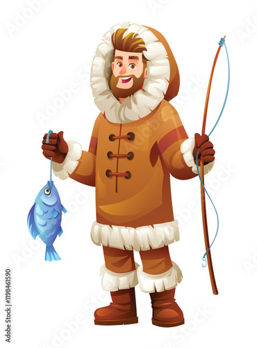 Eskimo man with a fishing rod and fish, wearing traditional fur outfit. Vector cartoon character illustration