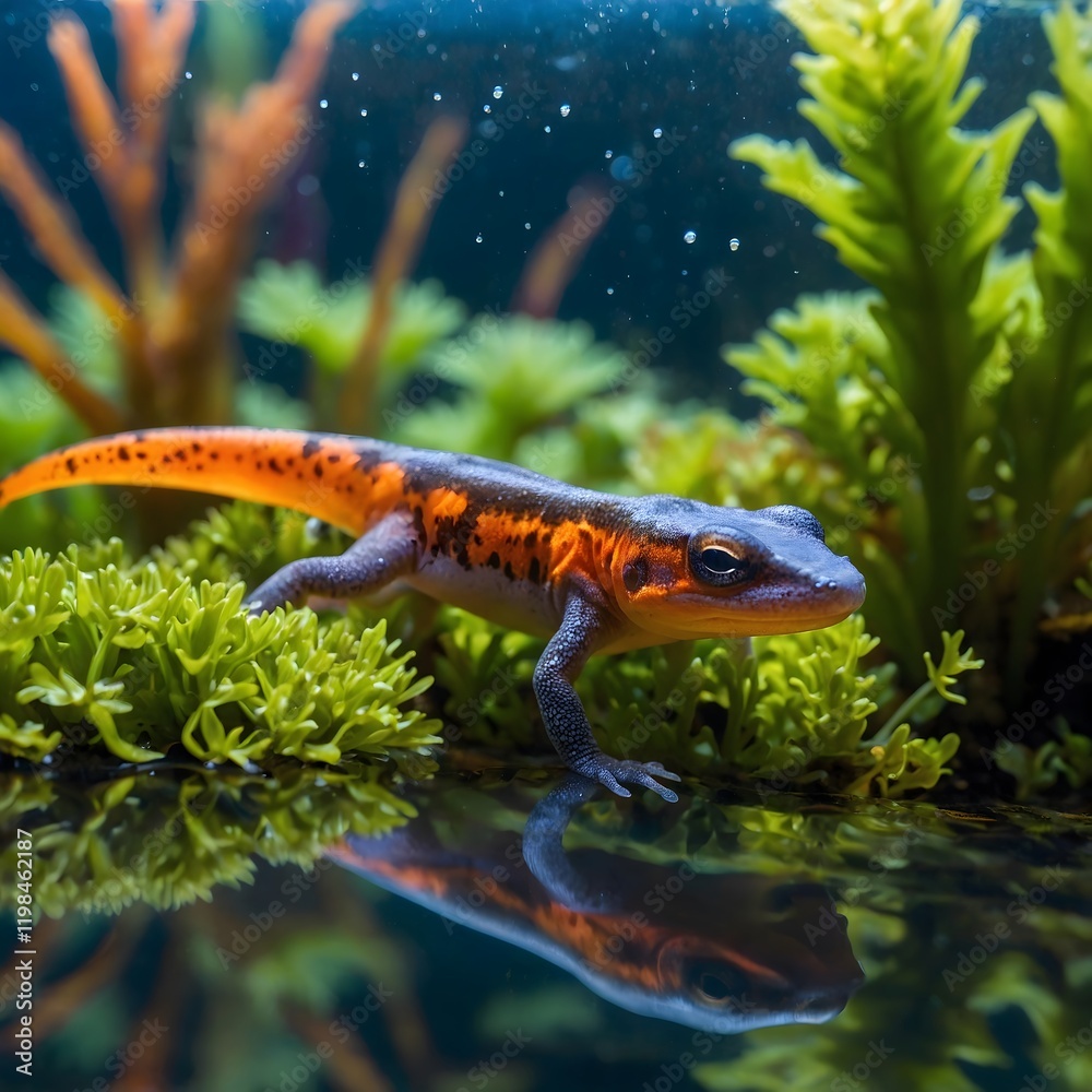 Obraz premium Peaceful Underwater Scene: Smooth Newt Among Lush Aquatic Vegetation