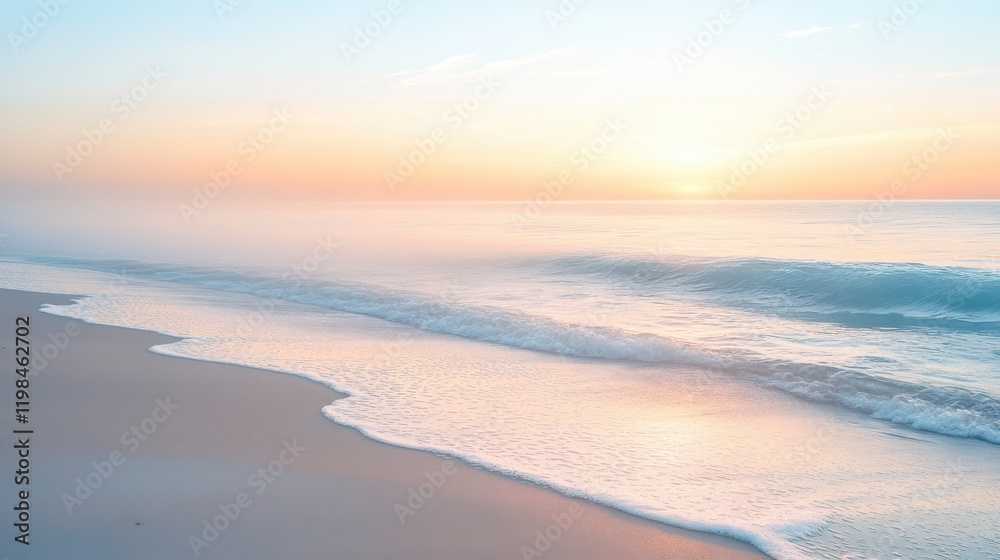 Beach at sunrise with gentle waves and soft mist Beach at sunrise with gentle waves and soft mist