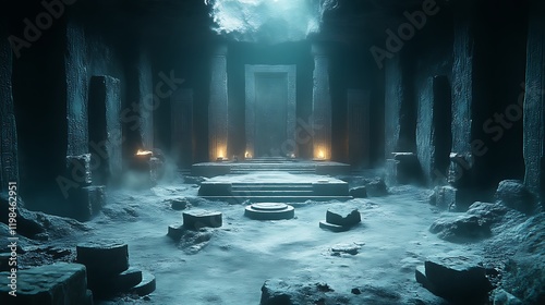 Mysterious ancient stone chamber, snow-covered floor, ethereal light. photo