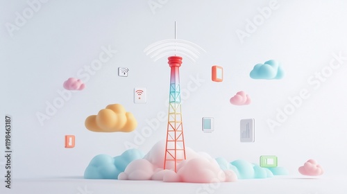 Colorful communication tower with smart home devices and clouds.