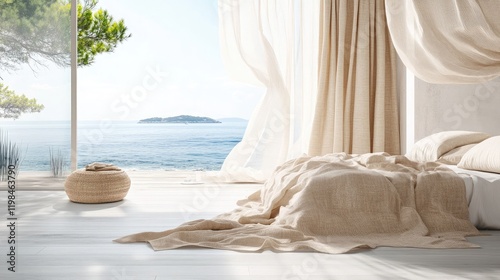 Linen curtains in neutral tones blowing gently in the wind with an ocean view beyond the window
