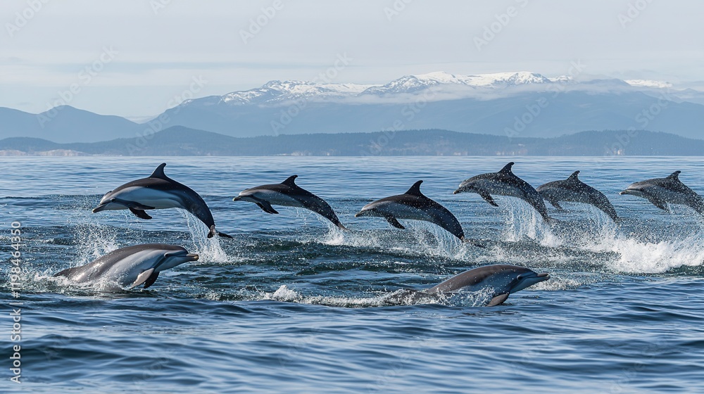 Obraz premium Pod of dolphins leaping from ocean waves, mountains in background.