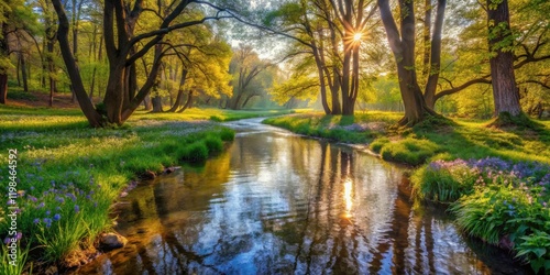 Serene River Reflecting Golden Sunlight Through Lush Green Canopy and Blooming Wildflowers