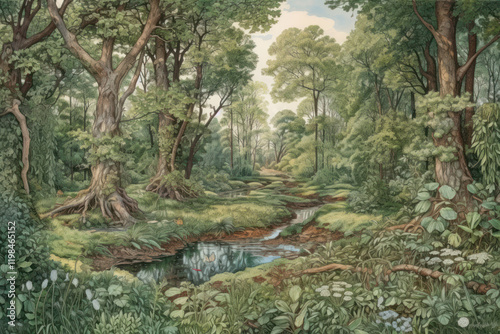 Obraz na płótnie Digital painting of a small river in the forest with trees and plants,.Generative AI w salonie
