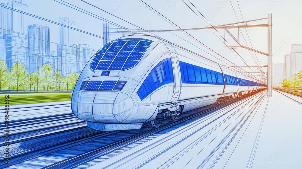 Fototapeta premium Engineer sketching concept. A modern train traveling at high speed through an urban landscape.