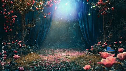 Fairy forest backdrop with pink flowers and blue curtains. Romantic cinematic lighting loop animation background