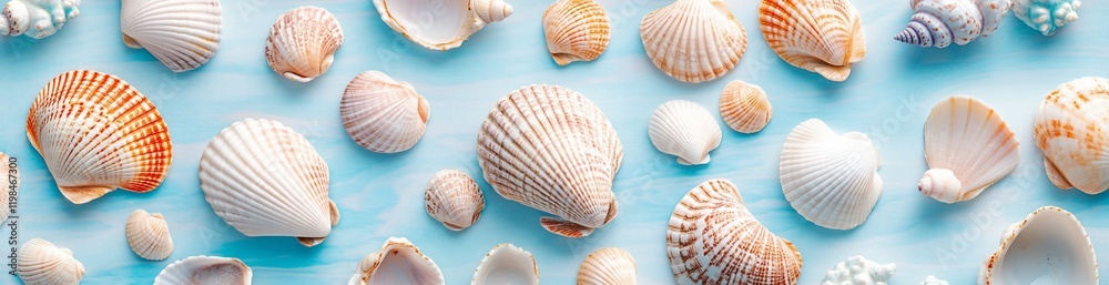 Seashells assortment on blue background. Seashells assortment on blue background.