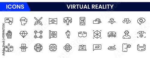 Virtual reality Icons vector illustrations with thin line contain headsets, immersive, avatar, augmented reality, controller, motion tracking, visualization, VR experience, projection.