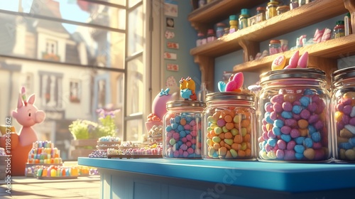 Sunny candy shop interior with colorful sweets in glass jars, toys, and pastries.
