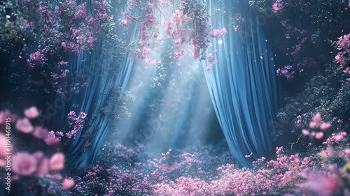 Fairy forest backdrop with pink flowers and blue curtains. Romantic cinematic lighting loop animation background