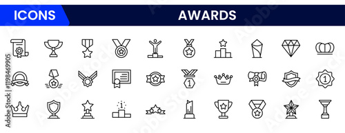 Awards icons trophy, cup, medal, winner, prize, line icons vector illustration on white background stock icons collection