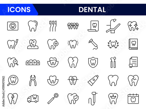Dental icon set. Containing tooth, dentist, toothpaste, toothbrush, teeth, implant and dentistry icons collection. Vector illustration.