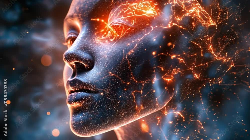 Burning Desire: A mesmerizing digital art piece showcasing a human face engulfed in swirling flames, symbolizing intense passion and the burning desire within. The embers glow with a fiery intensity.