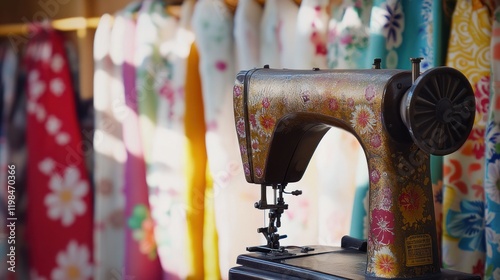 Vintage Sewing Machine Amidst Vibrant Kimonos