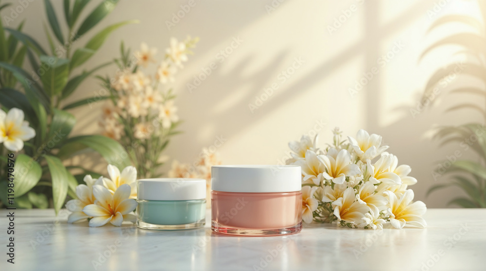 Cosmetic Jar Mockup, Two Cream Jars on Table with Flowers Beauty Product Display Cosmetic Jar Mockup, Two Cream Jars on Table with Flowers Beauty Product Display