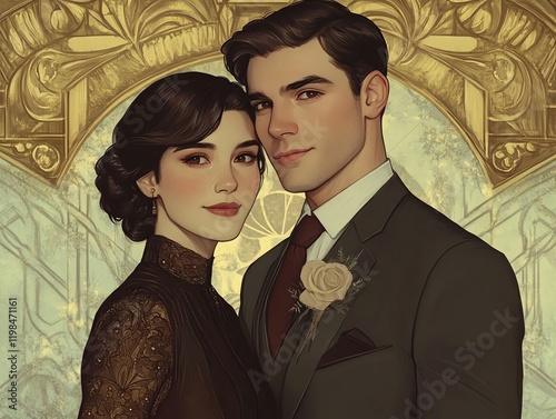 Elegant Couple Portrait: Art Deco Style, Romantic Mood photo