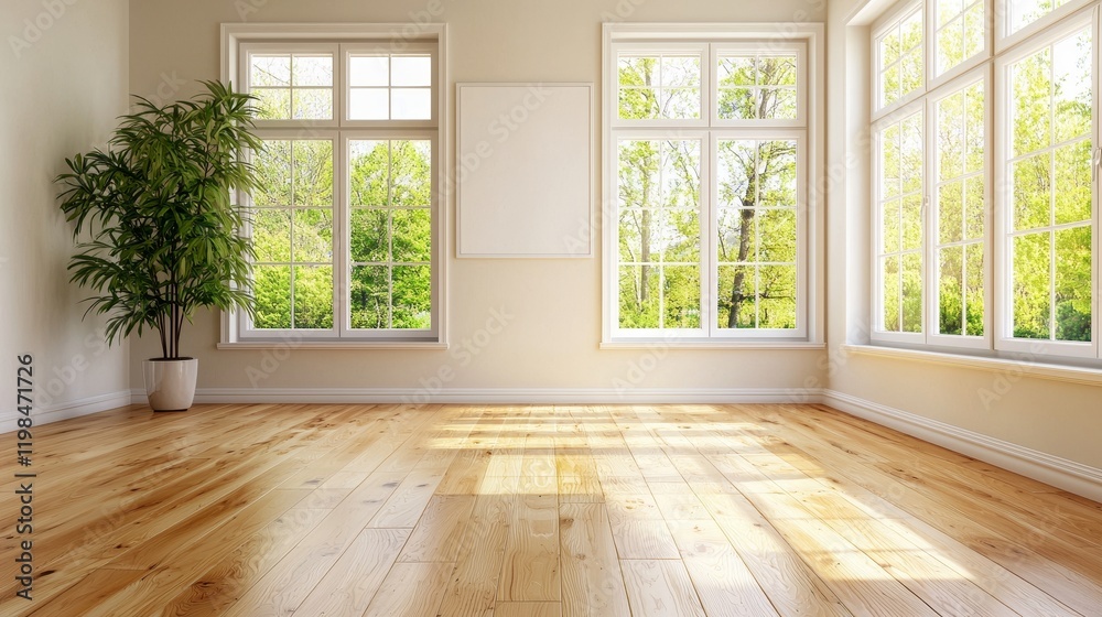 Fototapeta premium Perspective-Bending Room with Blank Sign Sunny Interior Modern Space Tranquil View