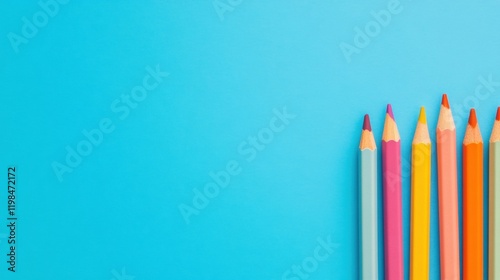 Brightly colored pencils and chalk are neatly arranged on a vibrant blue background, ideal for educational purposes and creative projects