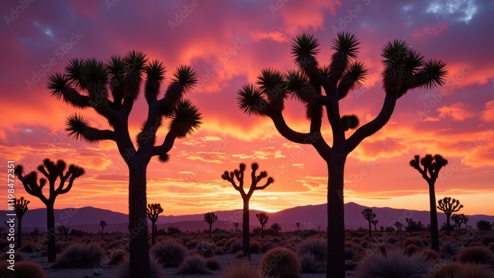Majestic Joshua trees silhouette against a fiery orange-pink sunset sky, framed by fluffy cumulus clouds in a serene desert landscape Majestic Joshua trees silhouette against a fiery orange-pink sunset sky, framed by fluffy cumulus clouds in a serene desert landscape