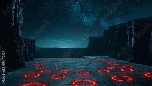 Alien landscape at night with red glowing circles on ground. photo