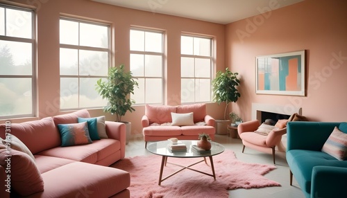 A modern pastel-colored futuristic interior showcases an open-plan living space with graphic wall art soaring ceilings a large window and plush golden accents on the soft stylish furnishings  photo