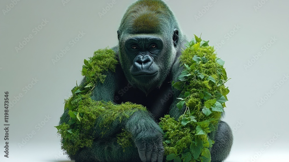 Fototapeta premium Gorilla sits, covered in lush green foliage.