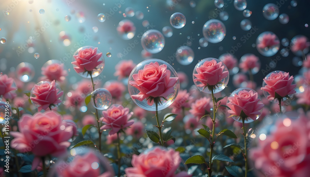 A field of roses encased in individual droplets of water suspended mid-air, The roses appear vibrant and surreal with each droplet refracting light into tiny rainbows. A field of roses encased in individual droplets of water suspended mid-air, The roses appear vibrant and surreal with each droplet refracting light into tiny rainbows.