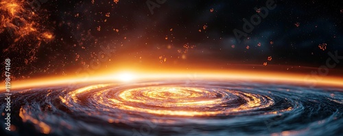 Dust pollution concept. A stunning view of a swirling galaxy with a bright sunrise at its core.