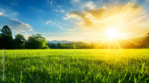 Vibrant sunrise over a lush green field with mountains in the background