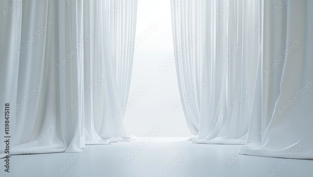 White curtains parted, revealing bright background. White curtains parted, revealing bright background.