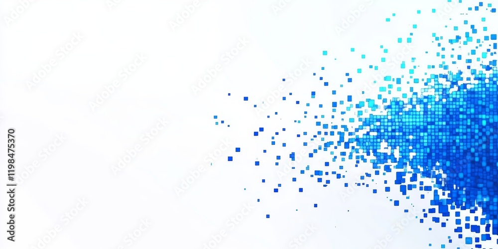 Abstract blue pixelated explosion on white background.