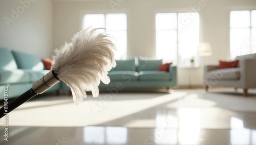 Living Room Dust Cleaning: A feather duster in sharp focus, set against a blurred background of a sunlit living room in the morning. 