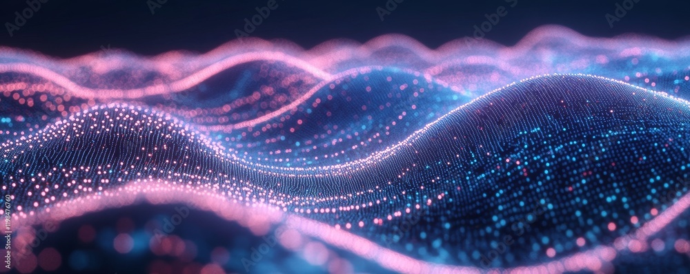 Abstract glowing pink and blue particle wave.