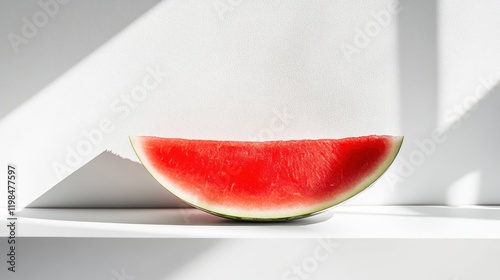 Close-up of a watermelon slice on a white shelf, bathed in sunlight, casting shadows. photo