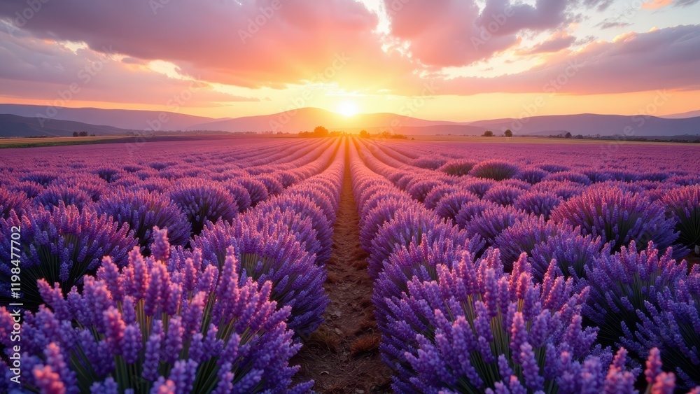 A serene panorama of sprawling lavender fields, bordered by nature's hues, with a winding dirt path cutting through the vibrant purple rows under an open sky A serene panorama of sprawling lavender fields, bordered by nature's hues, with a winding dirt path cutting through the vibrant purple rows under an open sky