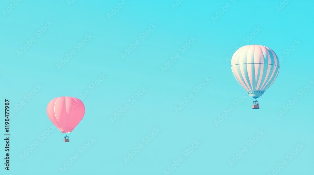 Fototapeta premium Two Pastel Hot Air Balloons Floating in a Clear Blue Sky.