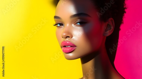 Young Woman Posing Against Vibrant Yellow and Pink Background
