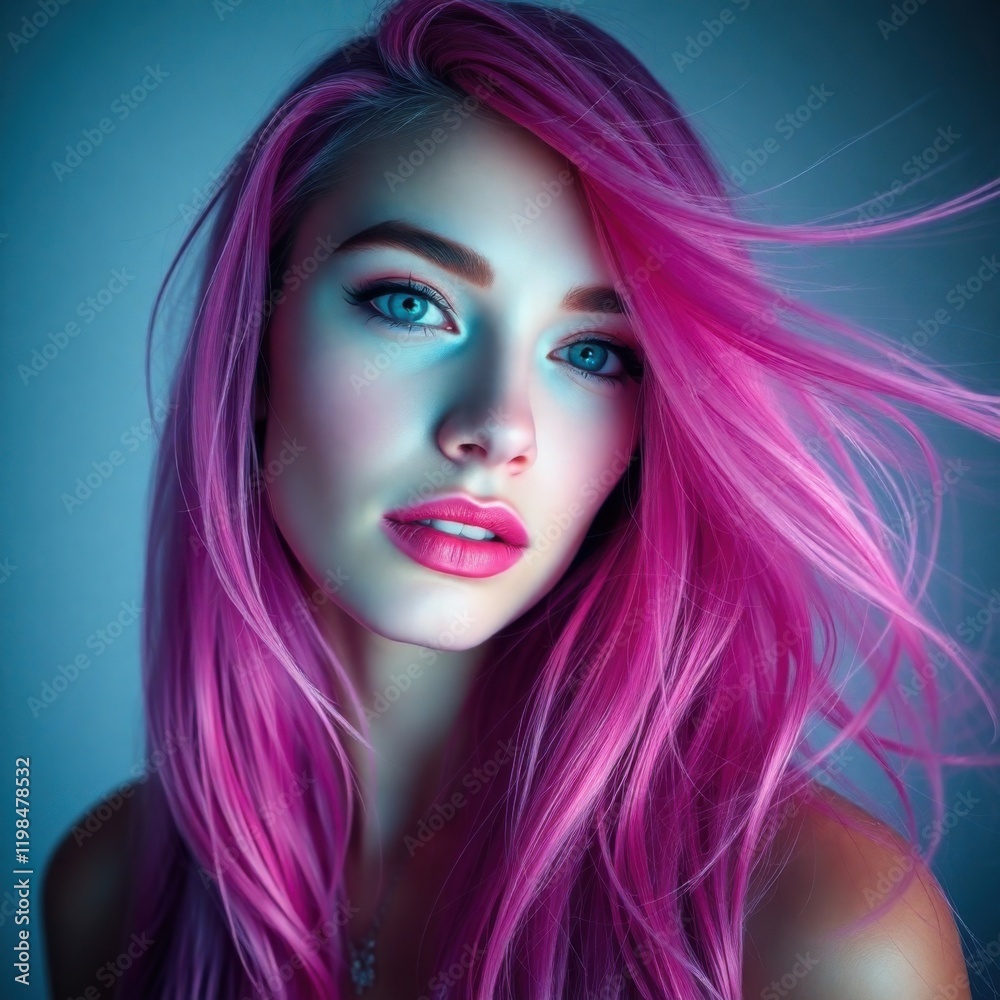 Vibrant Portrait of Woman with Pink Hair and Blue Eyes Vibrant Portrait of Woman with Pink Hair and Blue Eyes
