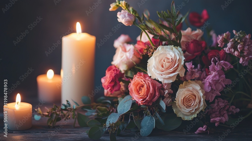 A charming scene of handmade flower bouquets arranged beside scented candles, with a subtle romantic glow A charming scene of handmade flower bouquets arranged beside scented candles, with a subtle romantic glow