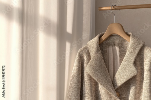 Beige Textured Coat Hanging on Wooden Hanger Near Sheer Curtains  Sunlight Streaming Through Window photo