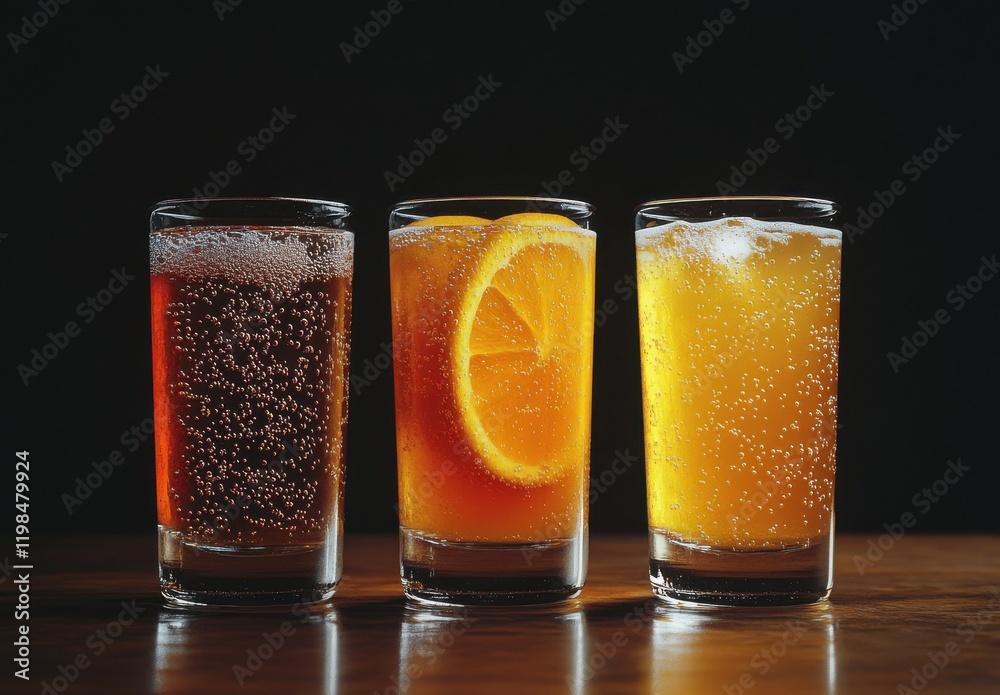 Refreshing Beverage Selection: Three Distinct Glasses of Refreshing Drinks Showcasing a Vibrant Mix of Bubbles and Colors for Hot Days and Celebrations Refreshing Beverage Selection: Three Distinct Glasses of Refreshing Drinks Showcasing a Vibrant Mix of Bubbles and Colors for Hot Days and Celebrations