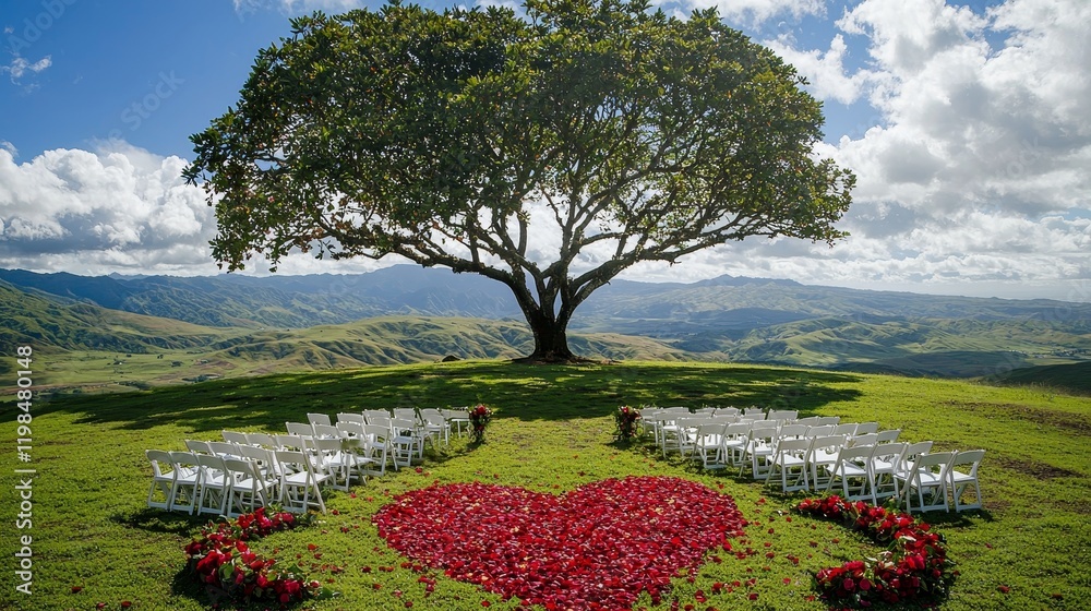 Obraz premium A picturesque outdoor wedding setup with heart-shaped flower wreaths, rose petals, and white chairs on a grassy field