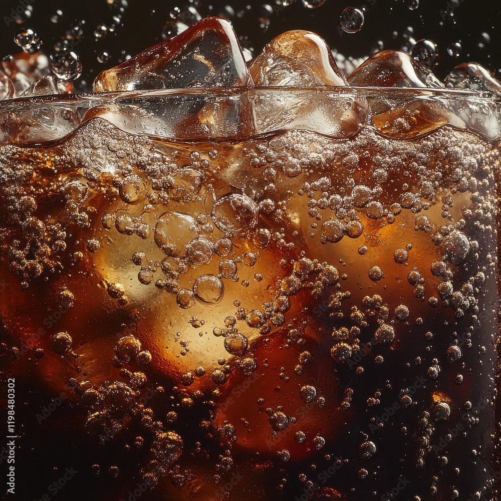 Refreshing Bubbles of Dark Carbonated Soft Drink with Ice Cubes Captured in Close-Up Photography for Beverage Advertisement Refreshing Bubbles of Dark Carbonated Soft Drink with Ice Cubes Captured in Close-Up Photography for Beverage Advertisement
