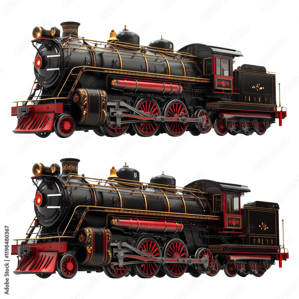 Obraz premium A meticulously detailed model of a vintage steam locomotive in black and red with gold accents is shown.