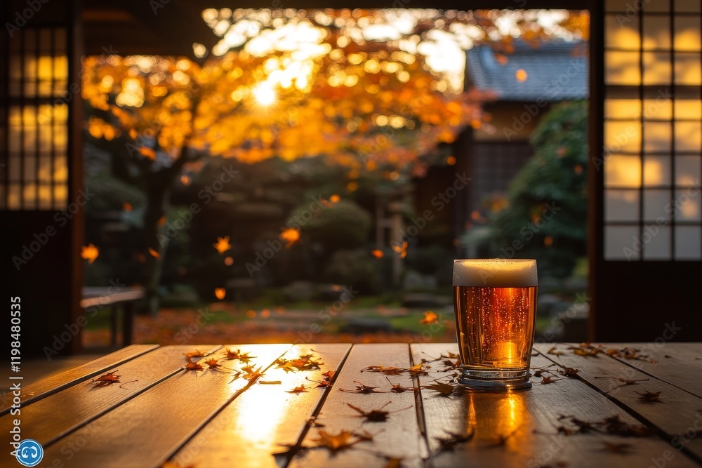 Golden hour autumn beer on wooden table with falling leaves and Japanese garden background.