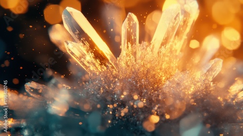 Abstract Close-up of Sparkling Quartz Crystals with Golden Bokeh Light