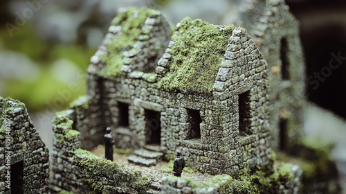 Moss Covered Stone Ruin Miniature Model with Figures Detailed Architecture Fantasy Setting photo